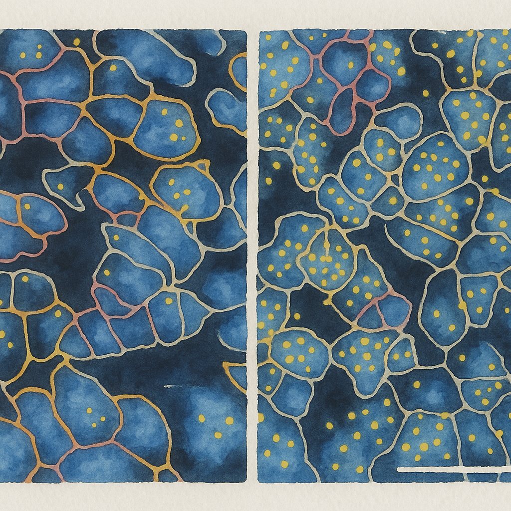 Watercolor-style illustration of glioma tissue and its microenvironment